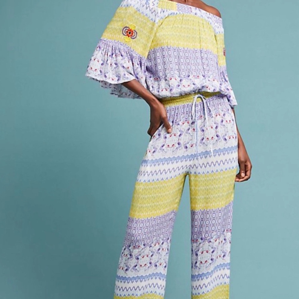NWT RAGA By Anthropologie Geometry Jumpsuit Purple Yellow Women’s Boho Large